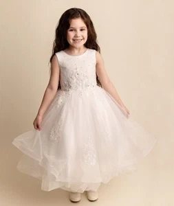 Ivory Embroidered Girls Dress with Tulle and Satin Bow - Ages 2-12 - Picture 1 of 5