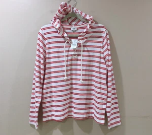 J.Crew Womens L Sweater Hoodie Top white Orange Striped towel terry Lace Up New - Picture 1 of 7