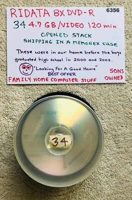 RIDATA 8X DVD-R 4.7 GB / VIDEO 120 minutes - Opened Stack of 34 DVDs (6356) - Image 1 of 2