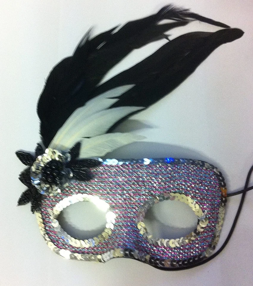 Purple & Silver Sequin Flower and Feather Masquerade Mask - Image 1 of 1