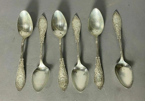 6 VINTAGE ANTIQUE VICTORIAN WHITING ARABESQUE STERLING SILVER TEASPOONS Cover