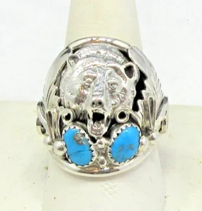 Native American Bear Ring Size 13 Navajo Signed RB Turquoise Sterling Silver 115 - Picture 1 of 6