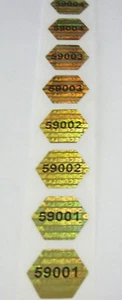 200 or 1000 Matched Numbered Hex GOLD Tamper Evident Hologram Sticker Seals - Picture 1 of 6