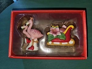 Flamingo Sleigh Christmas Salt and Pepper Shakers Blue Skye New  - Picture 1 of 8