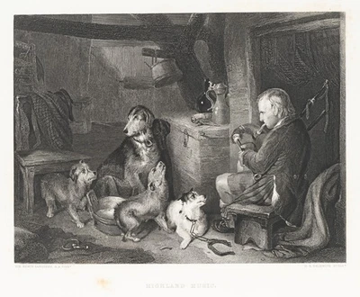 BECKWITH (19.Jhd) nach LANDSEER (*1802), Highland Music. Bagpipe mit Hunden, Sst - Bild 1 von 4