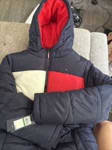 Tommy Hilfiger Red/blue/white Logo Colors Hooded Puffer Jacket Size L 14/16 - Picture 1 of 14