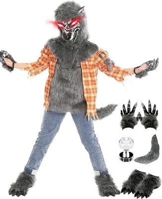 New Werewolf Costume Wolf Suit Mask, Gloves, Shoes & Tail youth 8-10 - Image 1 of 2