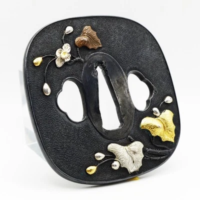 Tsuba Shukaido (Begonia) Shakudo Japanese Antique Sword Fitting Samurai Katana - Image 1 of 4