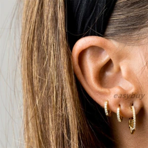 6/8/10/12/15mm Woman Man 18K Gold Plated CZ Hoop Huggie Earring Clip - Picture 1 of 3
