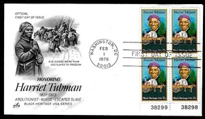 1744 13c Stamp (1978) THE HARRIET TUBMAN FDC BY ART CRAFT CACHETS - PLATE BLOCK - Picture 1 of 1