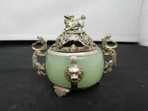 Bruciatore di incenso giada drago argento tibetano antico fatto a mano collezione - Foto 1 di 7
