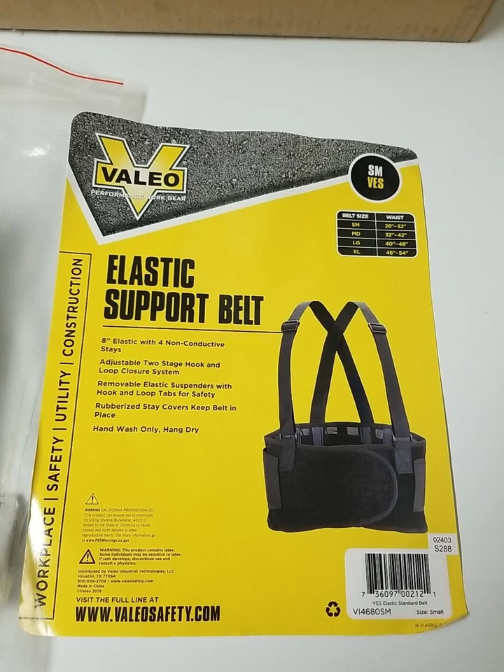Valeo Elastic Support Belt Small 26"-32" Black V14680SM Back Safety