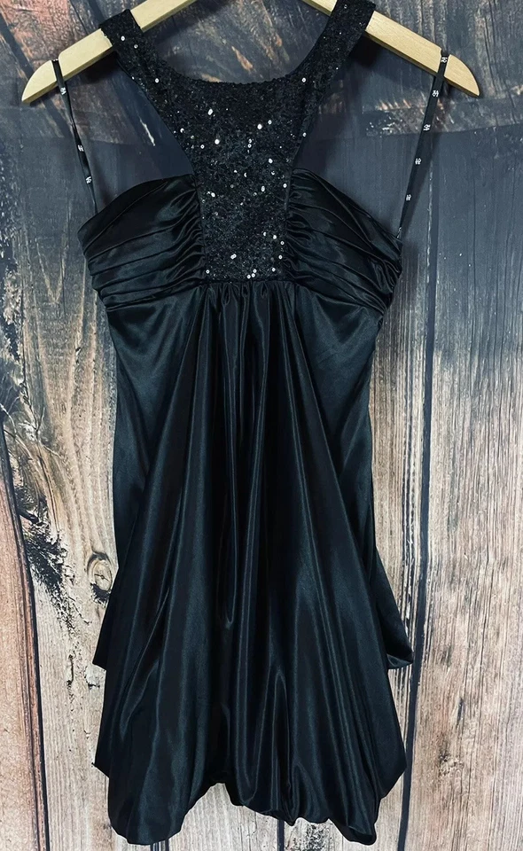 LOVE TEASE WOMENS SLEEVELESS BLACK HALTER NECK SATIN SPARKLE MINI DRESS SZ 3 NEW - Image 1 of 4