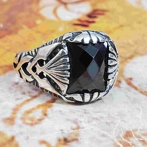 925 sterling silver natural black zircon mens ring all sizes middle eastern ring - Picture 1 of 9