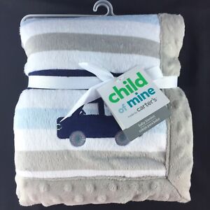 Carters Child Of Mine Blue White Gray Striped Puppy Dog Truck Baby Blanket