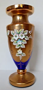 Bohemian Czech Cobalt Blue Hand Cut Crystal Vase w/ 24k Gold & Enamel Flowers - Picture 1 of 5