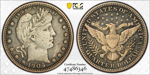 1905-S BARBER QUARTER PCGS GENUINE XF DETAILS ENVIRONMENTAL DAMAGE 25C Cover