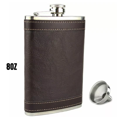 Brown Leather 8oz Stainless Steel Hip Flask & Funnel Set Christmas Whiskey Gift - Image 1 of 2