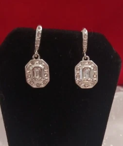 Nataliya V Collister’s 1" Silvertone Faux Diamond Leverback Dangle Earrings - Picture 1 of 4