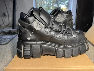 New Rock M-106-VS1 Unisex Metallic Black Vegan Leather Gothic Punk Rock Boots - Image 1 of 4