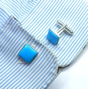 925 Sterling Silver Sleeping Beauty Turquoise Square Cabochon Cufflinks For Men - Picture 1 of 6