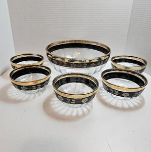 Glas Dessert Set 6-teilig Servier- & Beerenschalen Goldband Emaille schwarz weiß floral - Bild 1 von 19