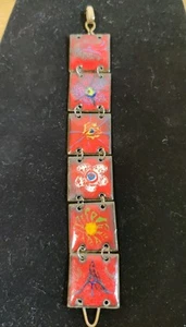 Vintage Metal Red Enamel Abstract Panel Bracelet Modernist ~7" - Picture 1 of 6