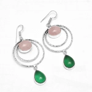 Green Aventurine Rose Quartz Handmade Drop Dangle Earing Jewelry 2.6" E-31 - Picture 1 of 1