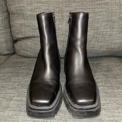 Steve Madden Talla 9 Negro Puntera Cuadrada Grueso Tacón Bloque Botas de Cuero Foto 1 de 4