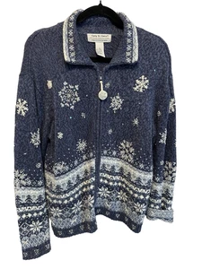 Tiara International Carly St. Claire 2004 VTG Blue Snowflake Cardigan Sweater L - Picture 1 of 8