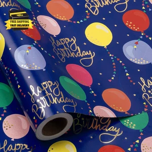 Birthday Wrapping Paper Roll, Mini Roll, Colorful Balloon with Gold Foil Happy B - Picture 1 of 7