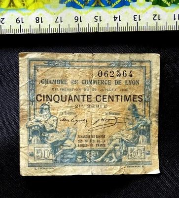 ( AUST 1.45)  , FRANCE  banknote , 50 Centimes , ( LYON ) , Année : 1920  . - image 1 of 3