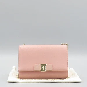 Ferragamo 22B558 Pink Saffiano Genie Gold Barra Mini Flap Chain Crossbody Bag - Picture 1 of 5