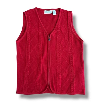 Studio Works Red Boiled Wool Sweater Vest Zip Front Leaf Pull Women’s Medium - Image 1 of 4