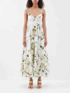 NWT ERDEM Floral Print Tie Strap Linen Maxi Dress WHITE SIZE 12/ 100%AUTHENTIC - Picture 1 of 4