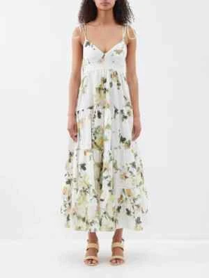 NUEVO ERDEM Maxi Vestido Estampado Floral Corbata Correa Lino BLANCO TALLA 12/100% AUTÉNTICO Foto 1 de 4