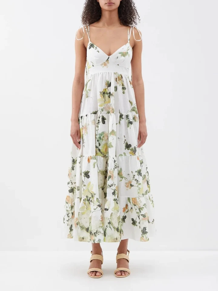 NUEVO ERDEM Maxi Vestido Estampado Floral Corbata Correa Lino BLANCO TALLA 12/100% AUTÉNTICO Foto 1 de 4