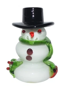Glass Snowman Figurine Christmas Art Holiday Black Top Hat Green Scarf 3 3/4" - Picture 1 of 8