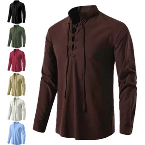 Mens Medieval Cosplay Long Sleeve T-Shirt Lace Up V Neck Tops Shirts Blouse - Picture 1 of 9