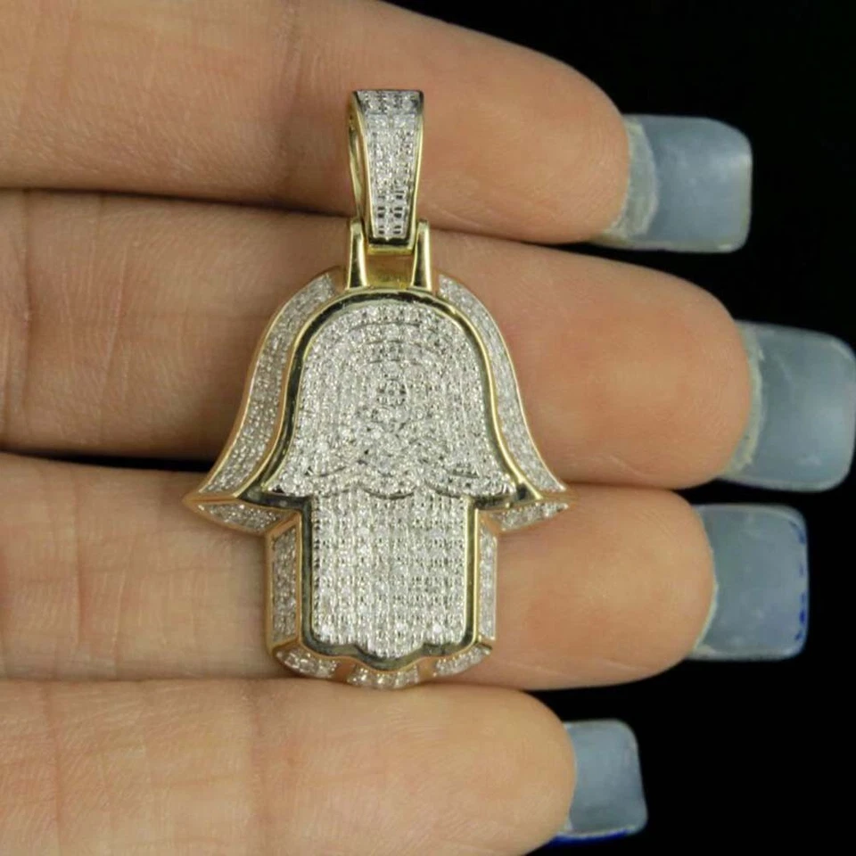 Мужской кулон Hamsa с покрытием из желтого золота 14 карат с муассанитом 0,70 карата D/FL 1,5 дюйма - Изображение 1 из 4