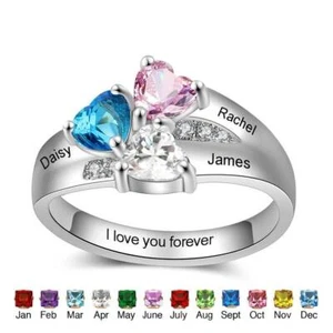 Heart Ring, Name Engraved Ring, Mother Grandma Family Ring Gifts, Birthstone - Picture 1 of 10