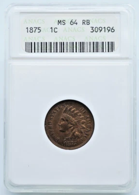 1875 Indian Head 1c Cent ANACS MS 64 RB Soap Box Holder - U1019 - Image 1 of 4