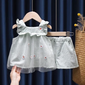 Girls Suit Summer Dress Small Daisy Small Fresh Plaid Two-piece Clothing Suit - Picture 1 of 16