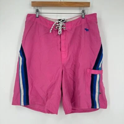 Abercrombie Board Short Swim 34 Pink Blue Stripe Lining Cut Moose Pocket - Image 1 of 4