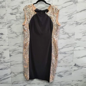 R M Richards Dress Women Size 16 Black w Gold Silver Sequin Sleeveless Pencil - Picture 1 of 12