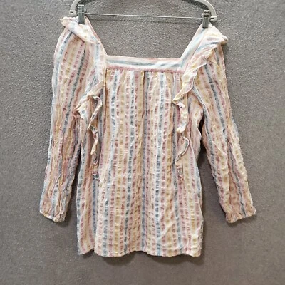 Blusa de mujer Chaps grande rosa a rayas mezcla de lino manga larga cuello cuadrado Foto 1 de 4