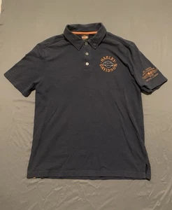 Harley Davidson Polo Shirt Mens L Blue Navy Short Sleeve Embroidered Snap Collar - Picture 1 of 12