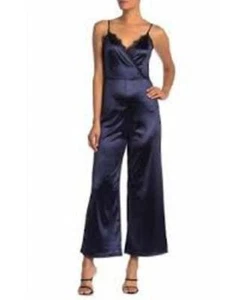 Free Press Damen Jumpsuit Gr. XS blau ärmellos Strick Satin Spitzenbesatz weites Bein - Bild 1 von 12