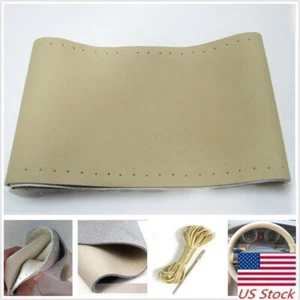 Car Auto DIY Beige Genuine Leather Steering Wheel Cover Wrap Sew-on Kit 38CM - Picture 1 of 8