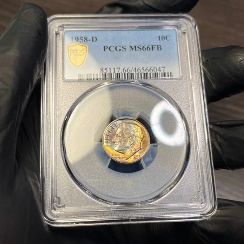 MS66FB 1958-D 10C Roosevelt Silver Dime, PCGS Secure- Pretty Rainbow Toned Cover